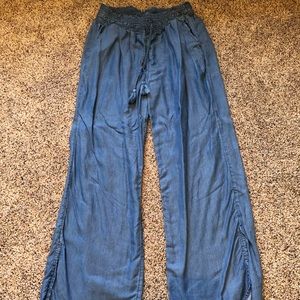 Blue flowy, denim-looking pants from Aerie